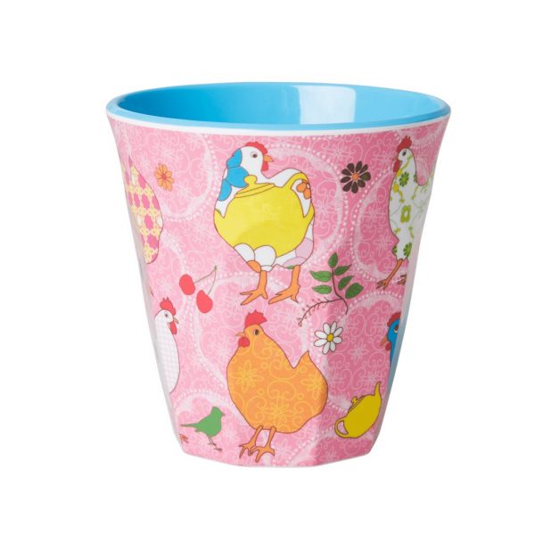 Bicchiere  rosa con galline